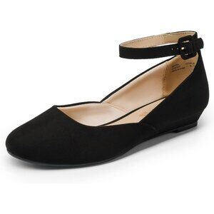 Dream Pairs Women's Black Faux Leather Ankle Buckle Strap Low Wedge Flats Shoes